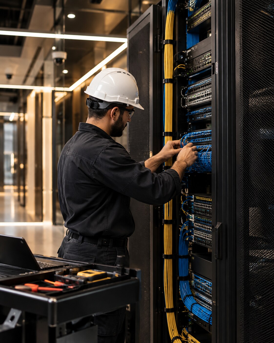 Technician in a hard hat installing and dressing cables inside an open server rack