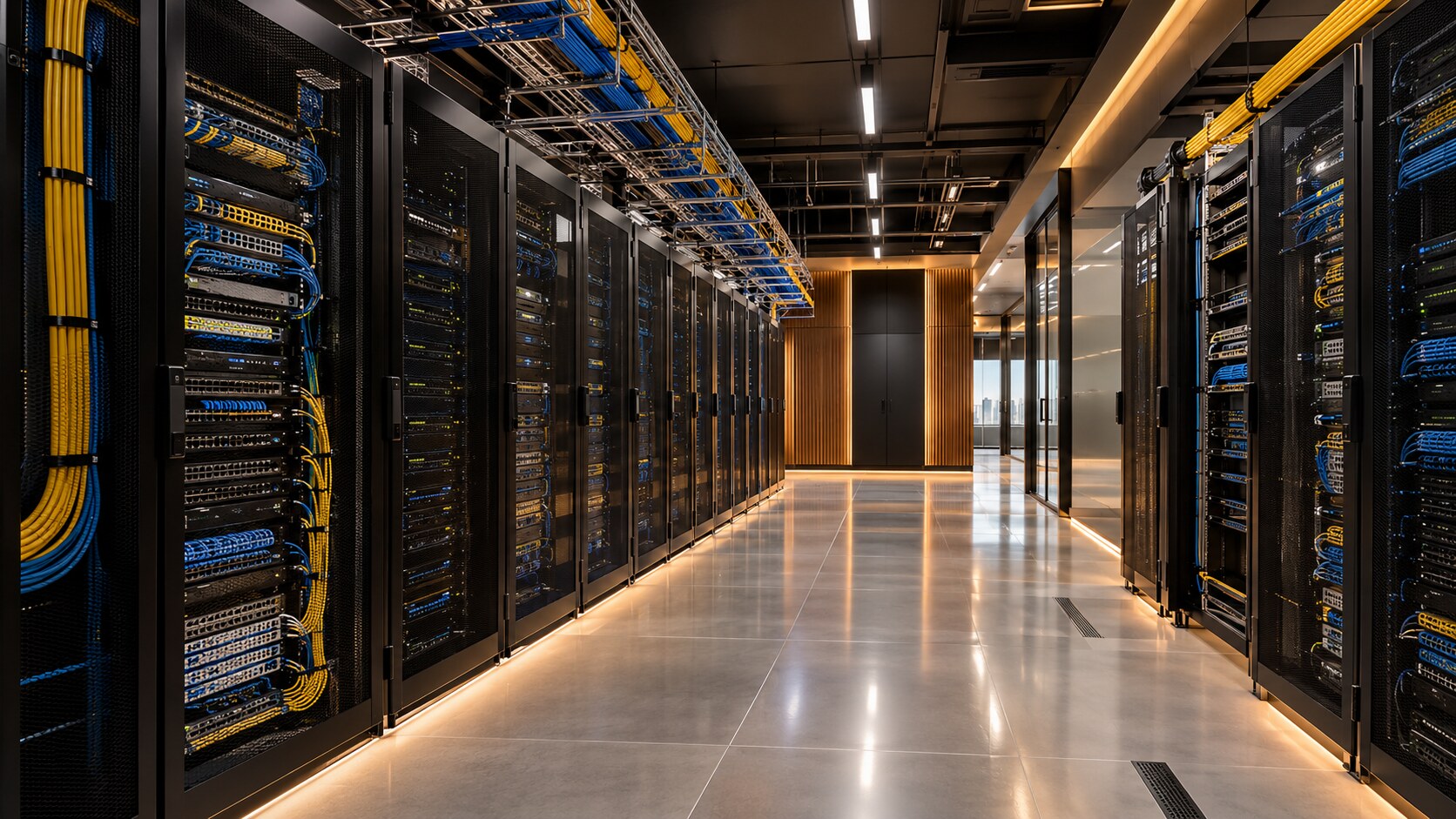 Cabled server racks along a lit data-centre corridor